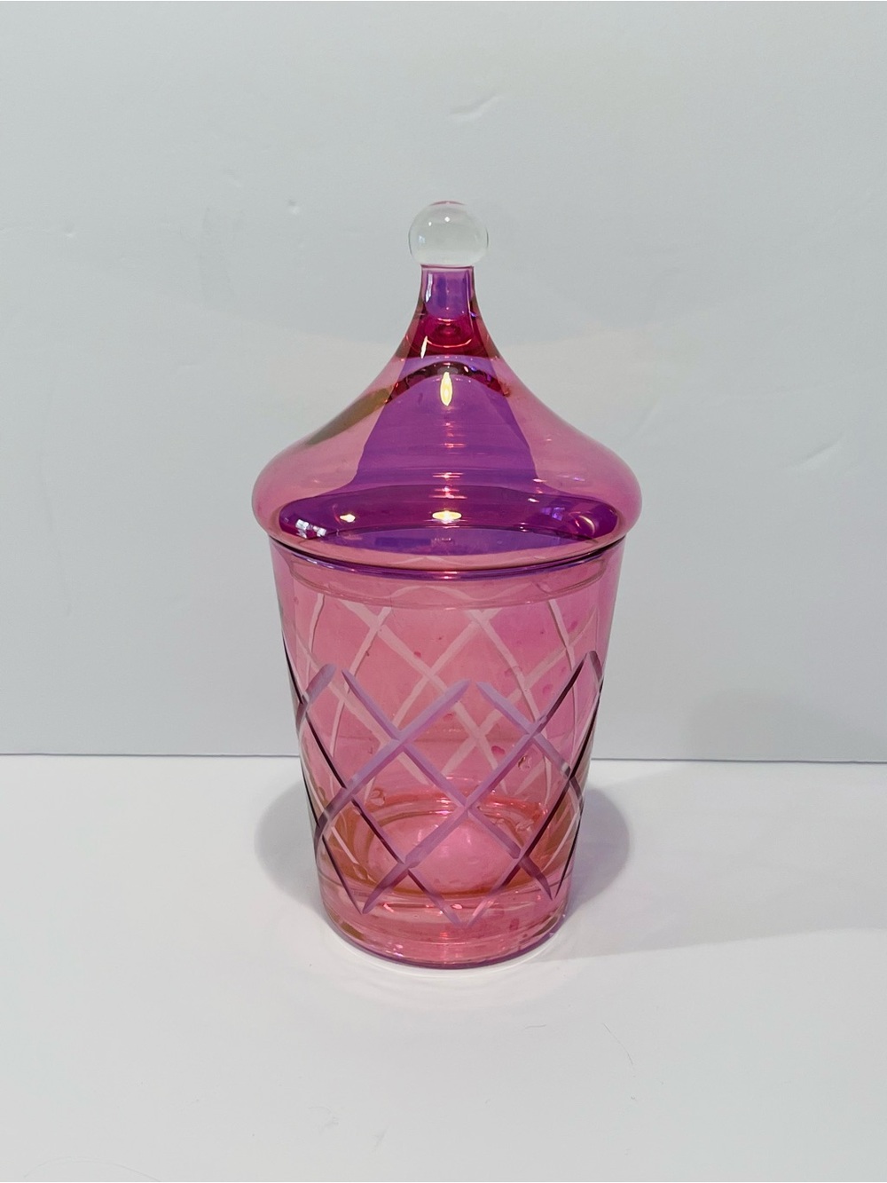 Vintage MCM Iridescent Cranberry Etched Glass Lidded Jar 7.5” Tall